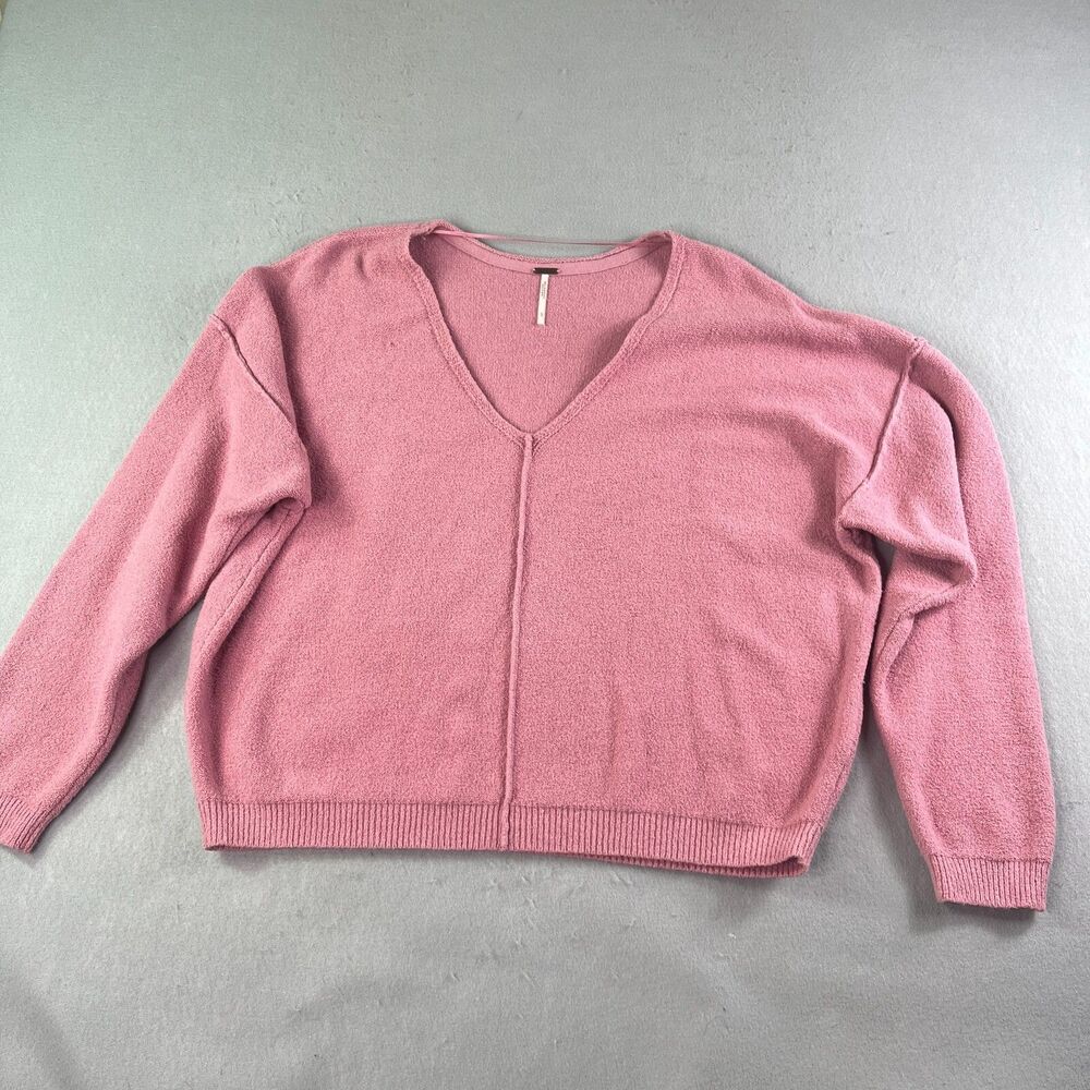 FREE PEOPLE Sweater Womens Large Pink Cropped Pullover Knit V Neck Nubby